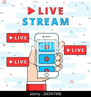 Live Stream flat line vector illustration. Live streaming on smartphone. Online video stream illustration concept. `Vector illustration Stock Vector